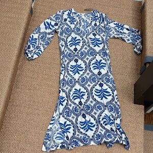 H&M Blue and White Printed Long Sleeve Midi Dress